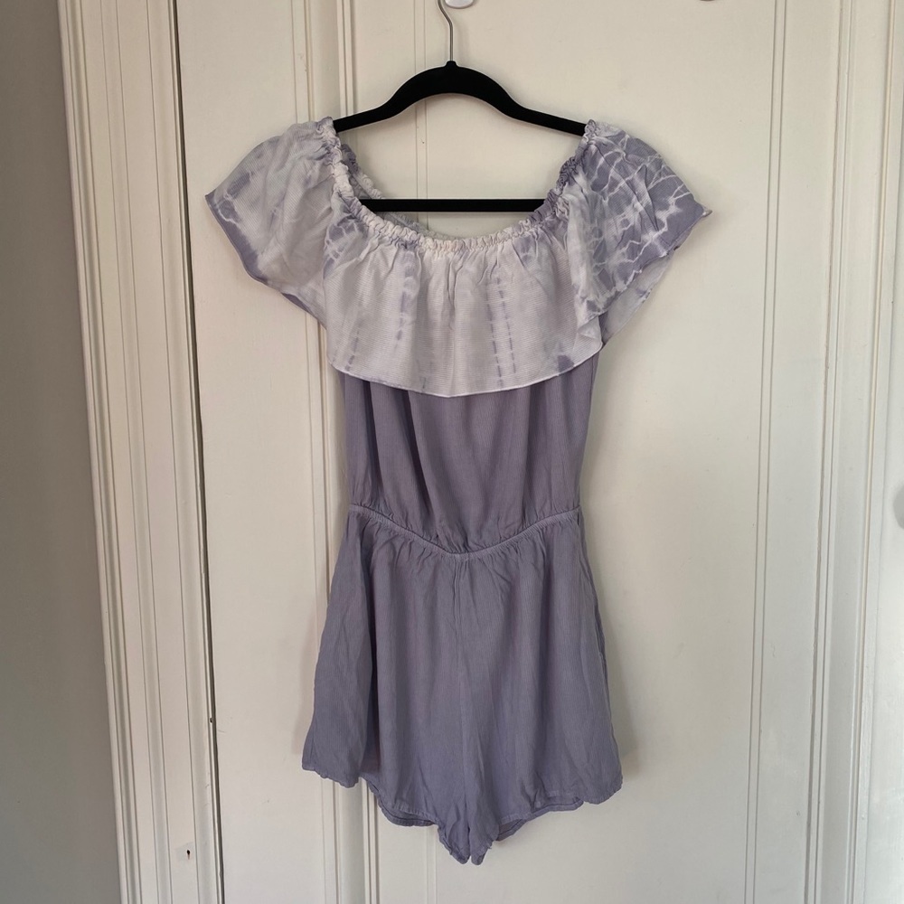 Purple & White Tie-Dye Romper Over the Shoulder Style Size Small White Romper